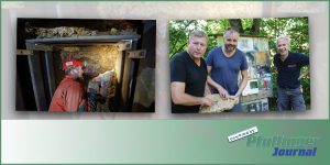 (Foto li) Fotos von den Grabungen von Andreas Schober. (Foto re) Frank Schüler, Andreas Schober und Micheal Hottinger mit einem Sinterstein, ein Hinweis für eine Höhle. (Foto: Sandra Hespeler)